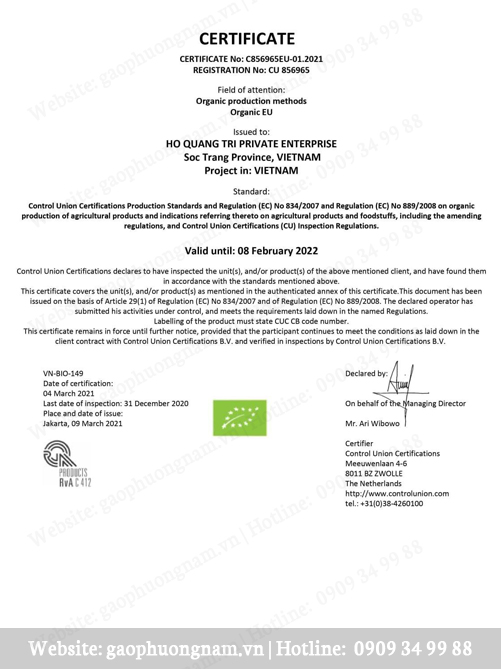 Các giấy chứng nhận gạo ST25 của DNTN  Hồ Quang Trí