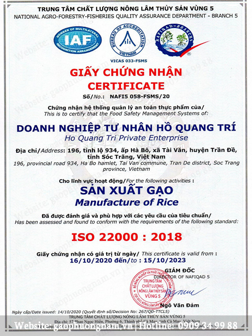Giấy chứng nhận an toàn vệ sinh thực phẩm gạo Ông Cua DNTN Hồ Quang Trí