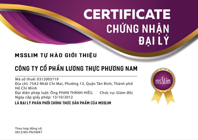 Giấy xác nhận Phương Nam là nhà phân phối các sản phẩm từ Công ty TNHH Mancom Ms Slim