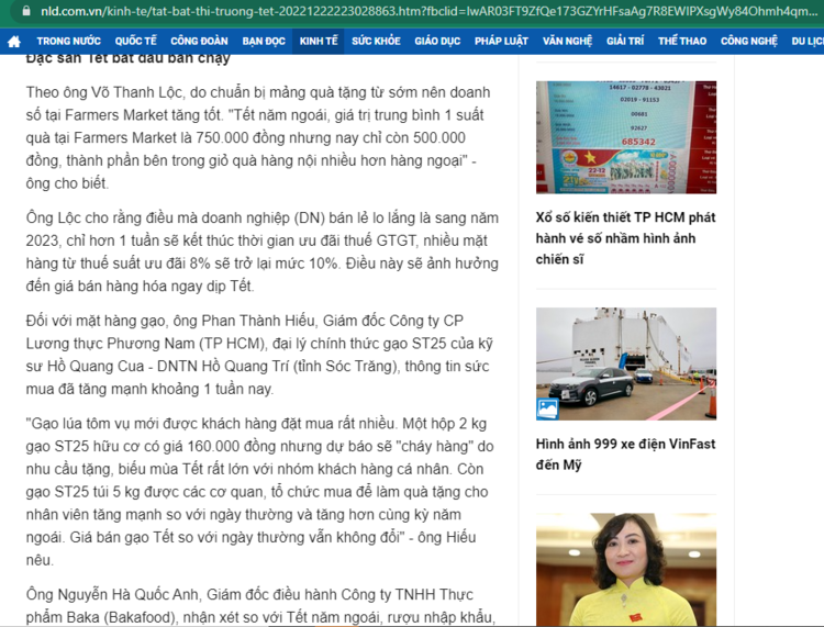 Báo Người Lao Động viết về chi nhánh gạo ST25 tại TPHCM vào dịp Tết 