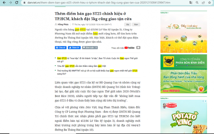 Báo Dân Việt viết về công ty Phương Nam bán gạo ST25 chính hãng ông Cua