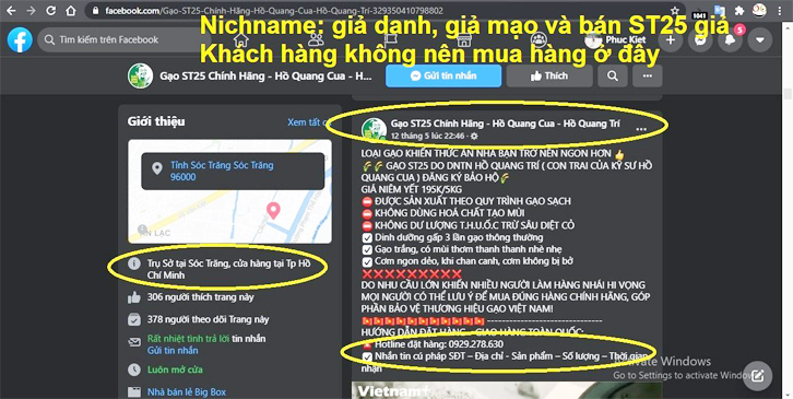 Gạo ST25 Chính Hãng - Hồ Quang Cua - Hồ Quang Trí: fanpage giả danh CTCP phương nam bán gạo ST25 giả kém chất lượng