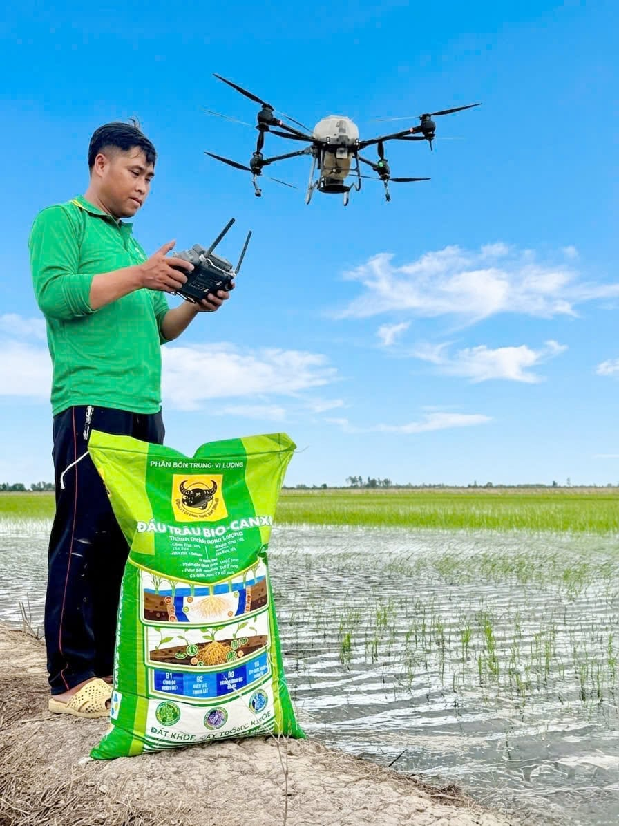 Ứng dụng công nghệ drone để sạ phân cải tạo đất Bio-Canxi đầu vụ giúp tiết kiệm công lao động và chi phí. Ảnh: Ngọc Vân.